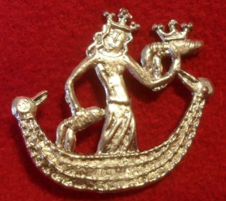 A crowned woman in a boat holding a crowned penis in one hand and with the other hand on a penis that serves as a rudder.