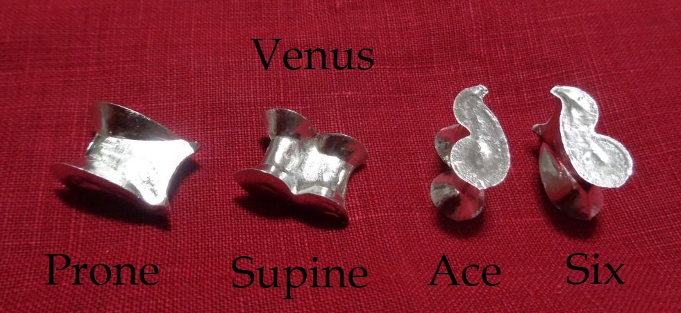 The "Venus" - four orientations of the knucklebone: Prone, Supine, Ace, and Six