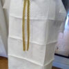 Apron with tablet woven strings with hooks