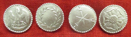 Matching Pelican, Laurel, Defense, and Rose buttons on a red background