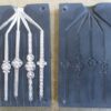 front and back halves of a mold that casts five rings, with a complete pewter casting