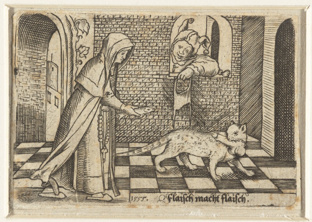 A nun walks after a cat with a fish in her hand, a rosary with a phallus in her hands. The nun wants to trade the fish for the penis that the cat has in its mouth. A jester watches through a window frame.