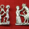 Two similar images. In one, a woman crowns a man with a wreath of flowers. IN the other a woman crowns a penis with legs, a staff, and a pilgrim's purse with a crown.