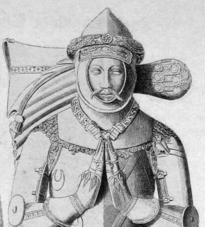Upper part of effigy with livery collar over armor.