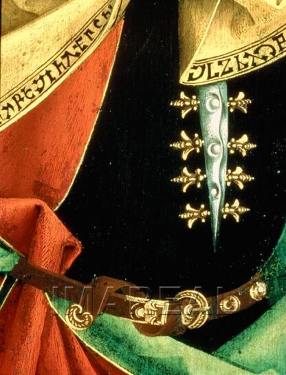 Bee-shaped lacing eyelets at the neck opening of a cote.