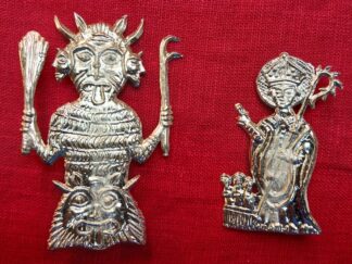 Devil with three faces, switch, and meathook on left, St. Nicholas blessing on right