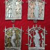 The pilgrim sign for St. Gertrude, shown with pewter, copper, and brass sheet backings, and with no backing.