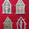 The pilgrim sign for St. Lucy, shown with pewter, copper, and brass sheet backings, and with no backing.